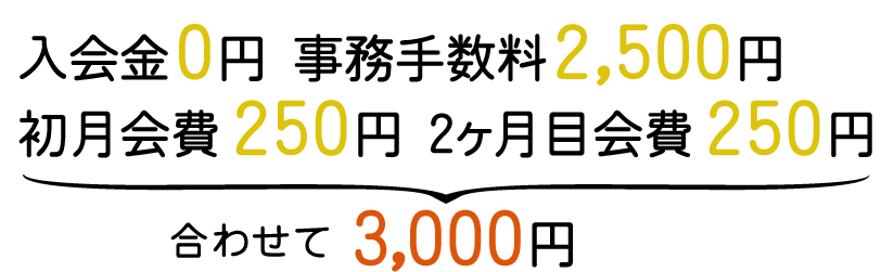 入会金0円 事務手数料2,500円 
初月会費250円 2ヶ月目会費250円